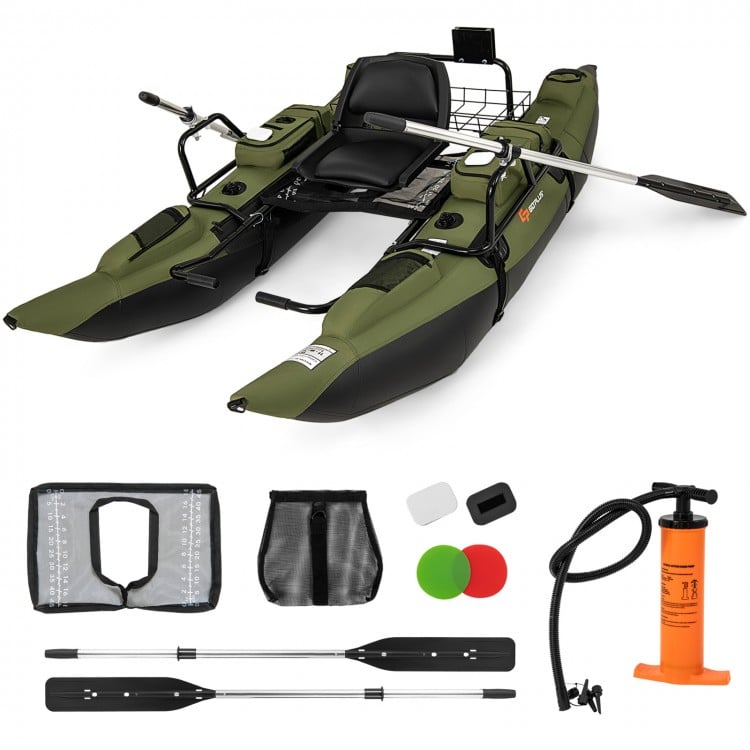Inflatable Fishing Float Tube with Foldable Padded Seat and Adjustable Footrest - Green