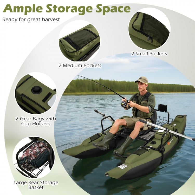 Inflatable Fishing Float Tube with Foldable Padded Seat and Adjustable Footrest - Green