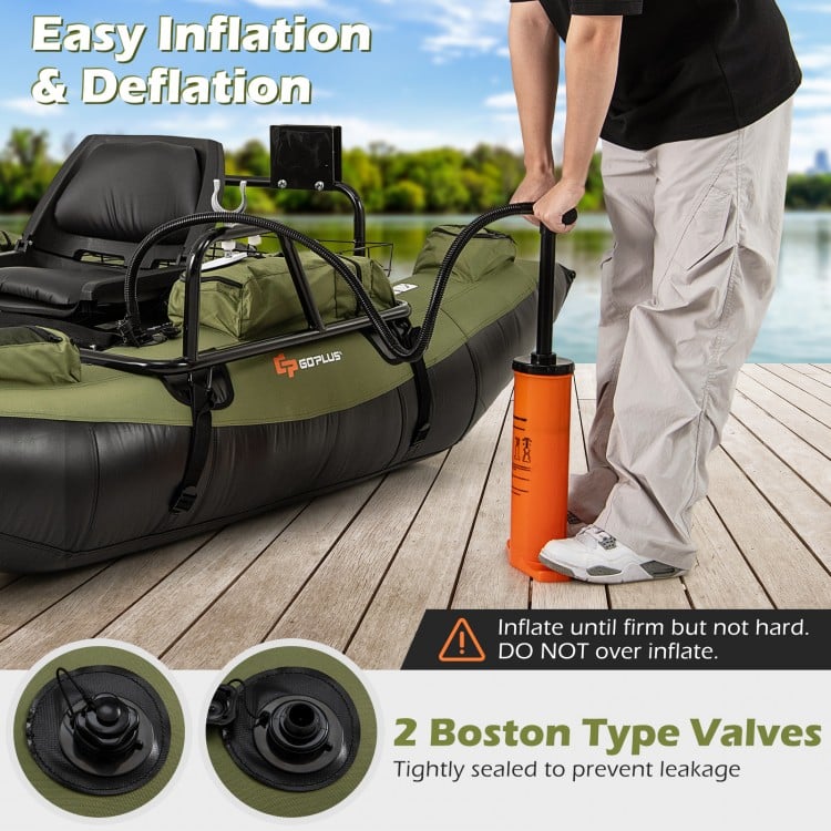 Inflatable Fishing Float Tube with Foldable Padded Seat and Adjustable Footrest - Green