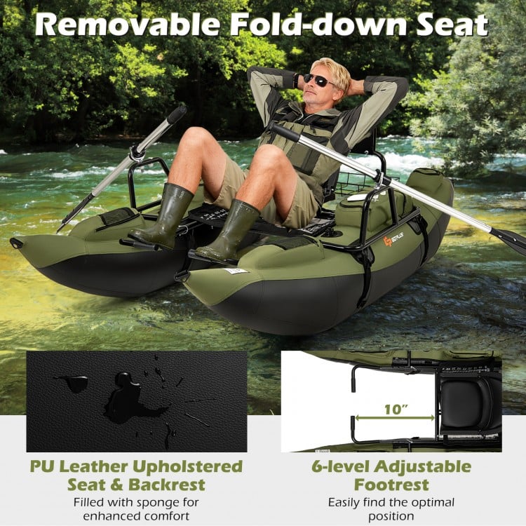 Inflatable Fishing Float Tube with Foldable Padded Seat and Adjustable Footrest - Green