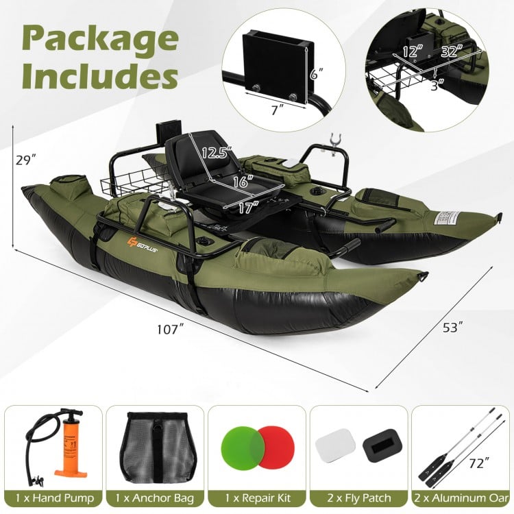 Inflatable Fishing Float Tube with Foldable Padded Seat and Adjustable Footrest - Green