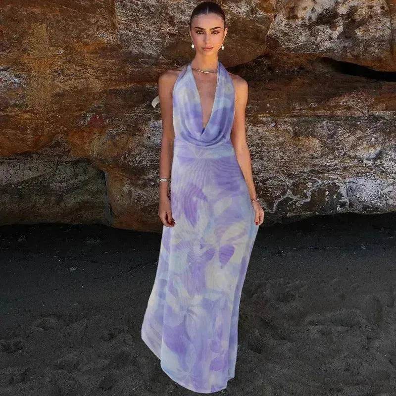 Ink Printed Deep-V Backless Pleated Skirt Suit