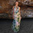 Ink Printed Deep-V Backless Pleated Skirt Suit