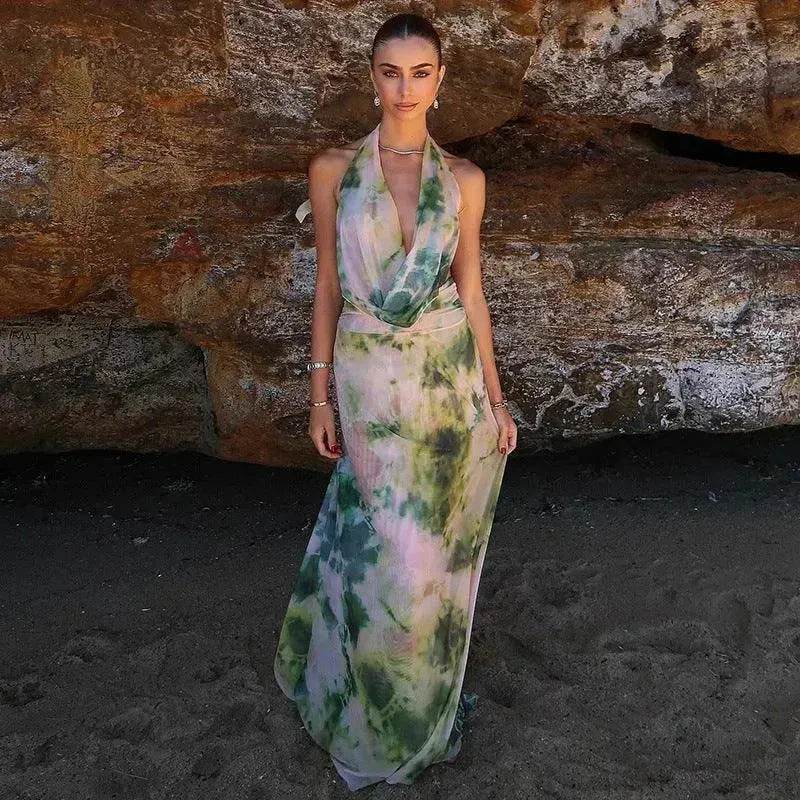 Ink Printed Deep-V Backless Pleated Skirt Suit