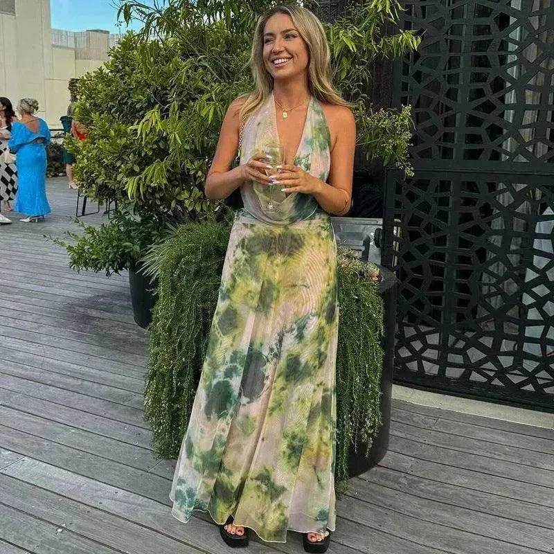 Ink Printed Deep-V Backless Pleated Skirt Suit