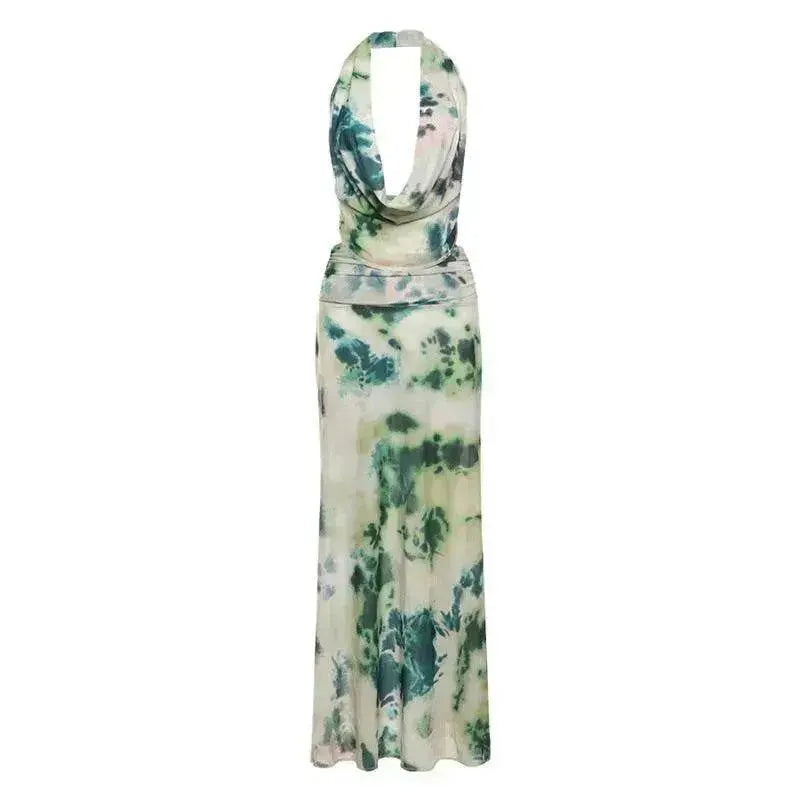 Ink Printed Deep-V Backless Pleated Skirt Suit
