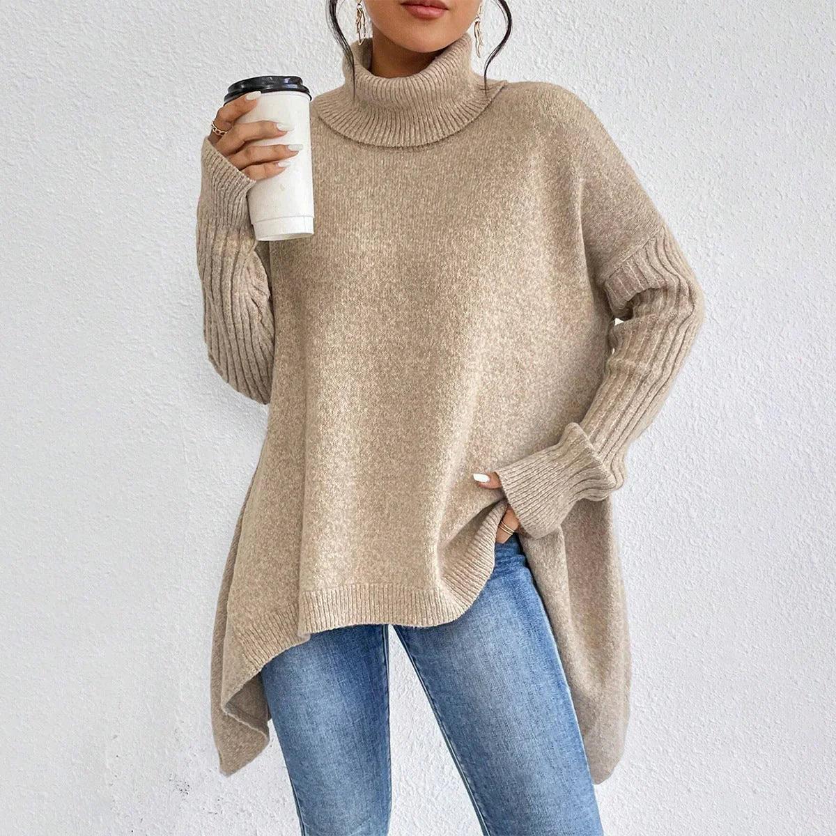 Irregular Turtleneck Sweater Winter Loose Long Sleeve Knitted Tops Leisure Warm Pullover Sweater Women's Clothing