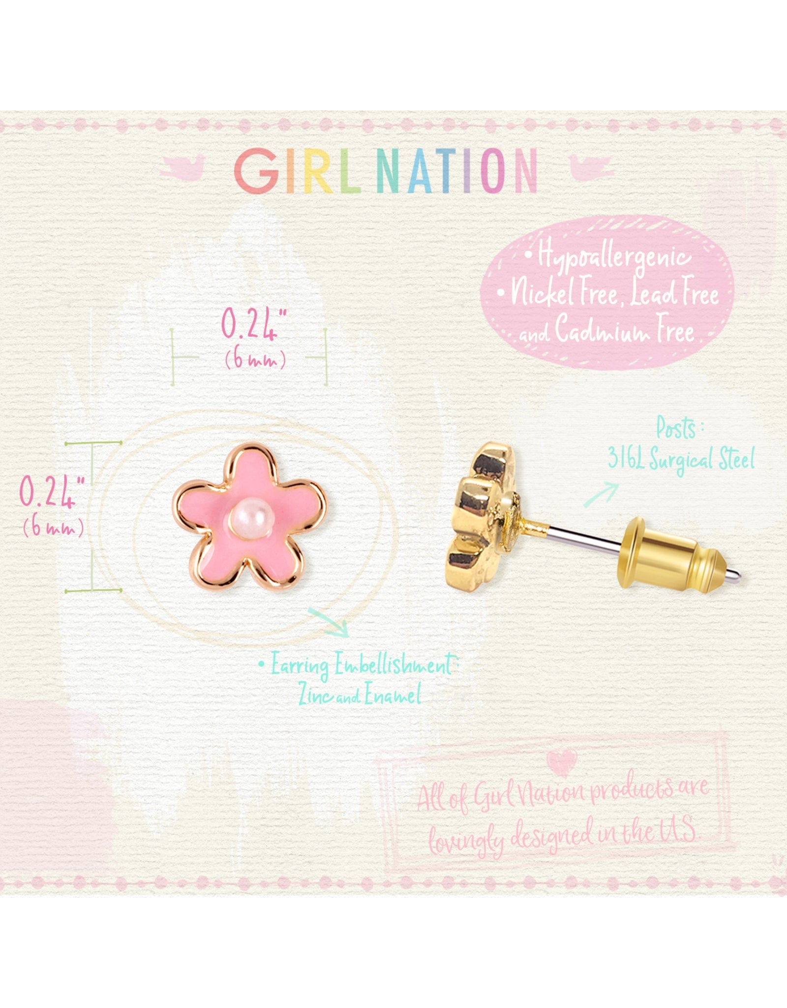 Enamel Stud Earrings - Pink Fancy Flower - Girl Nation