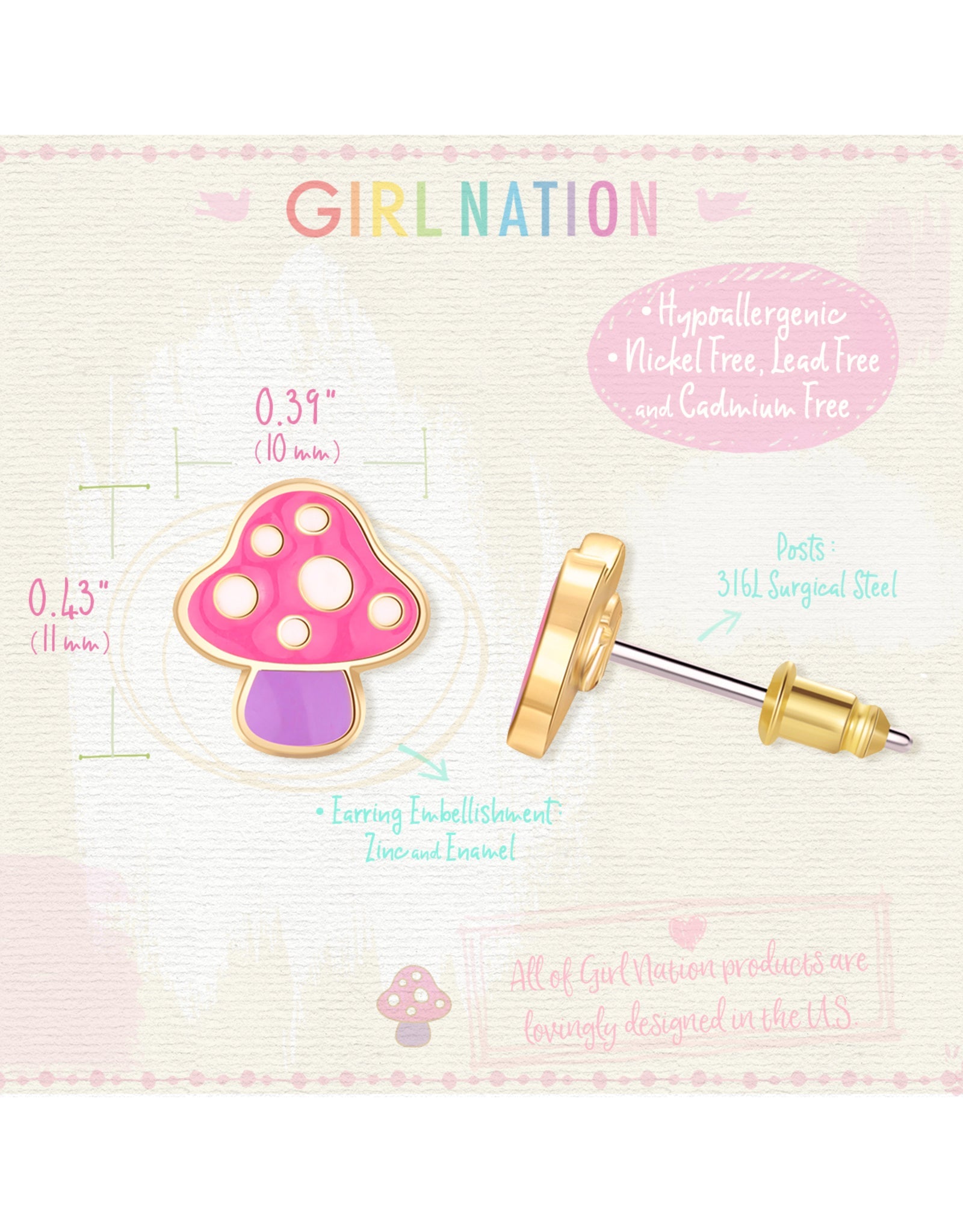 Enamel Stud Earrings - Mini Mushroom - Girl Nation
