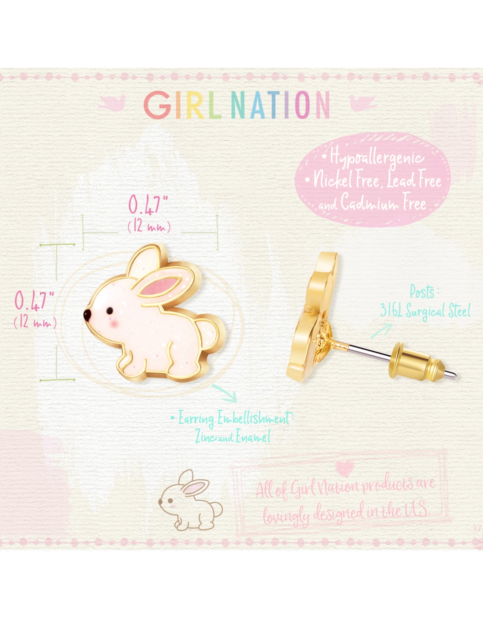 Enamel Stud Earrings - Glitter Rabbit - Girl Nation