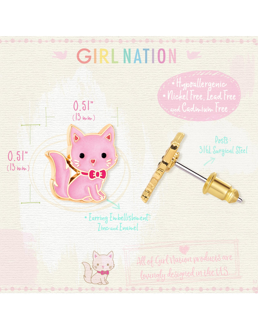 Enamel Studs Earrings - Pink Kitty - Girl Nation