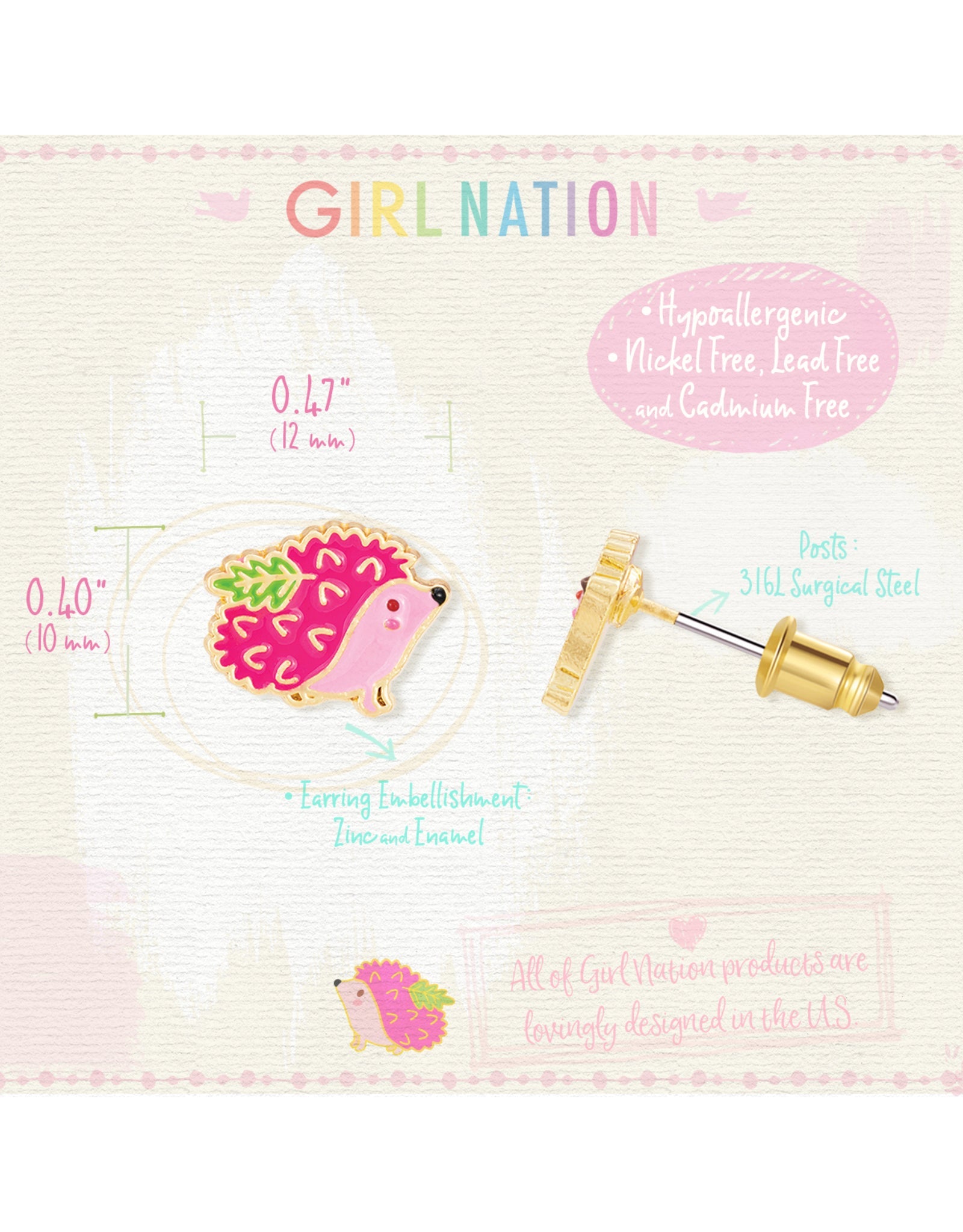 Enamel Stud Earrings - Pink Hedgehog - Girl Nation