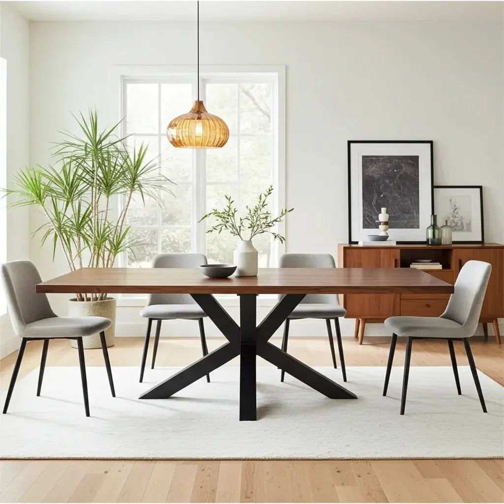 Table à diner patte Spider noir mat avec plateau en bois d'acacia brun