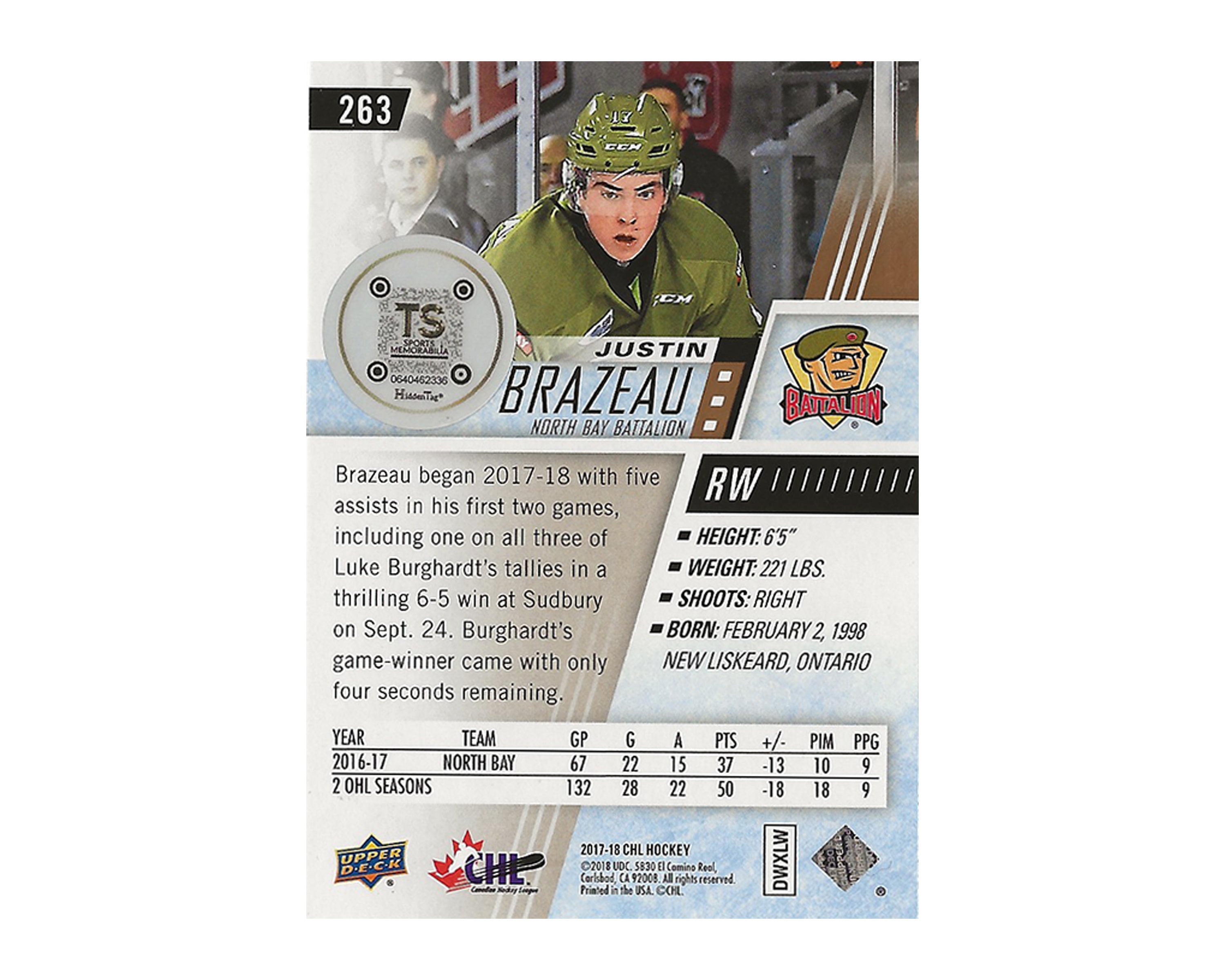 Justin Brazeau Autographed 2017-18 Upper Deck CHL #263 Hockey Card