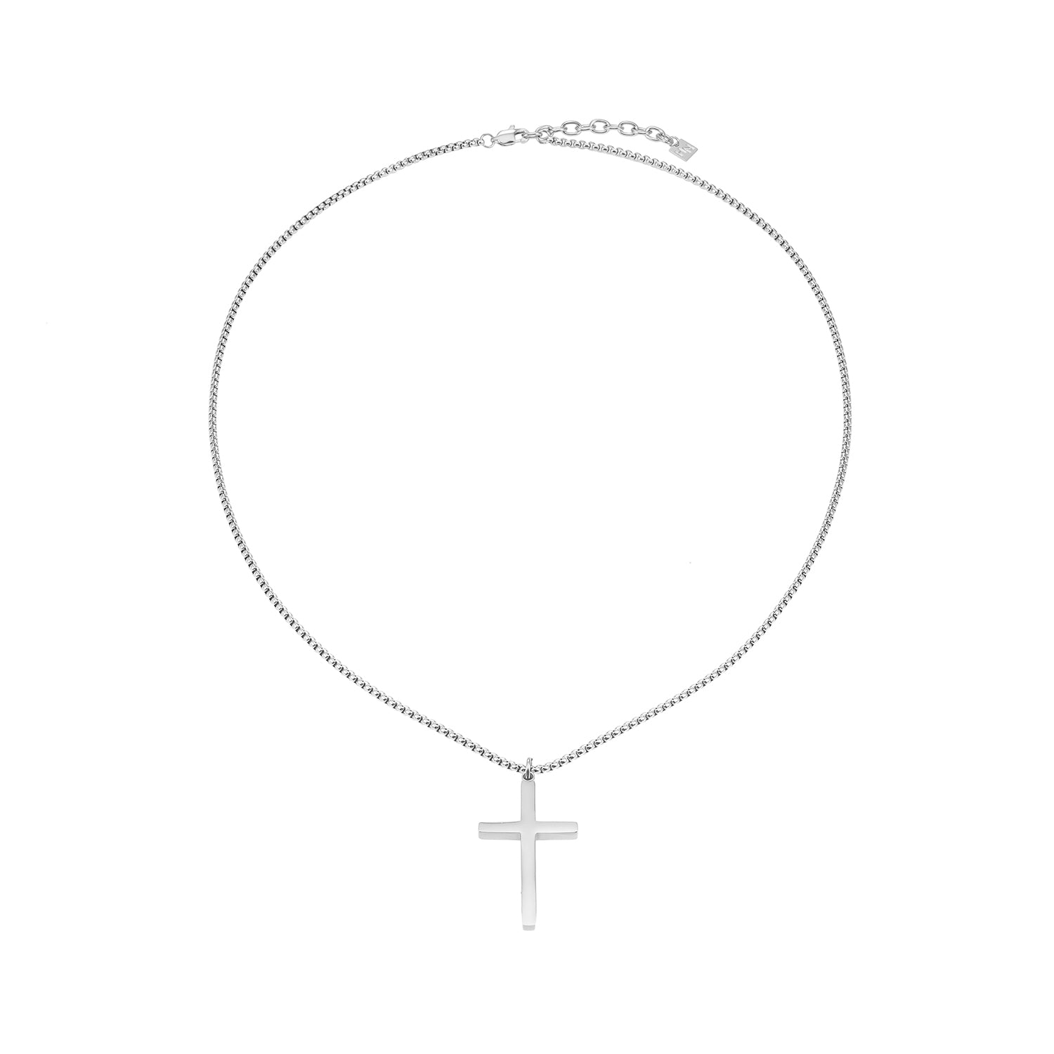 Collier JENGO en argent (or blanc) avec chaîne à maillons carrés et pendentif croix minimaliste pour femmes ou hommes.