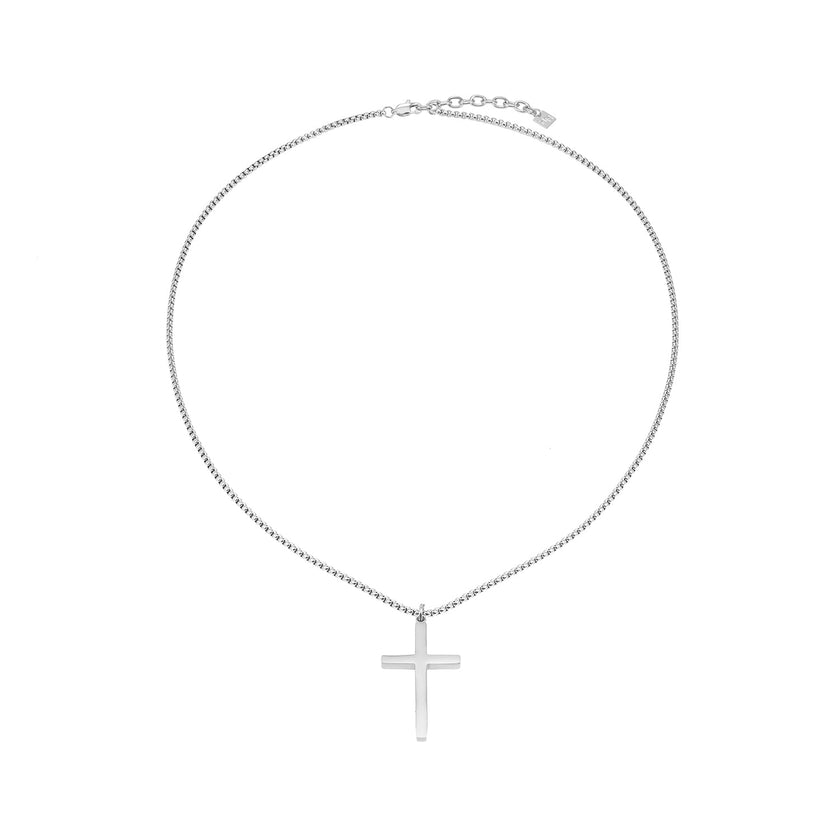 Collier JENGO en argent (or blanc) avec chaîne à maillons carrés et pendentif croix minimaliste pour femmes ou hommes.