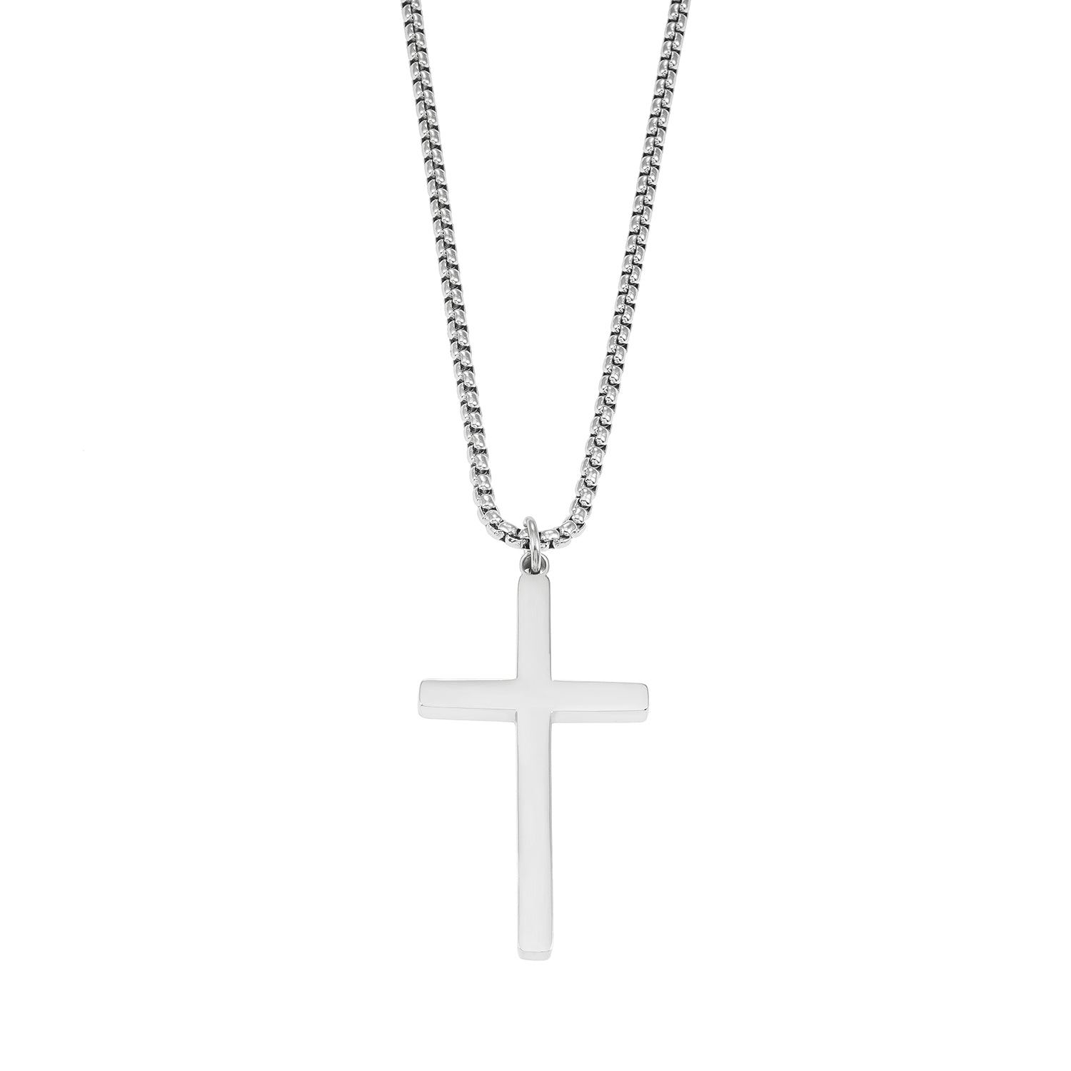 Collier JENGO en argent (or blanc) avec chaîne à maillons carrés et pendentif croix minimaliste pour femmes ou hommes.