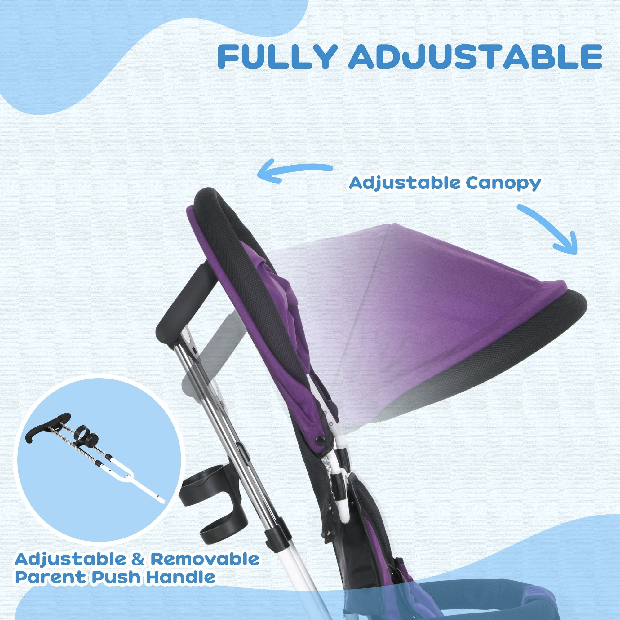 Qaba 4-in-1 Convertible Toddler Tricycle Stroller with Canopy Basket Safety Harness for Kids 12-60 Months Purple