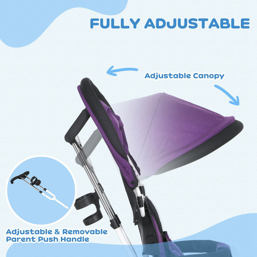 Qaba 4-in-1 Convertible Toddler Tricycle Stroller with Canopy Basket Safety Harness for Kids 12-60 Months Purple