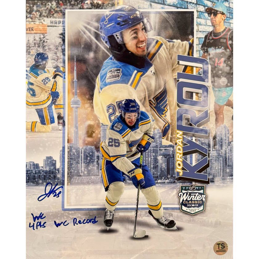 Jordan Kyrou Autographed St. Louis Blues 2022 Winter Classic Artwork 11x14 Photo Inscribed 