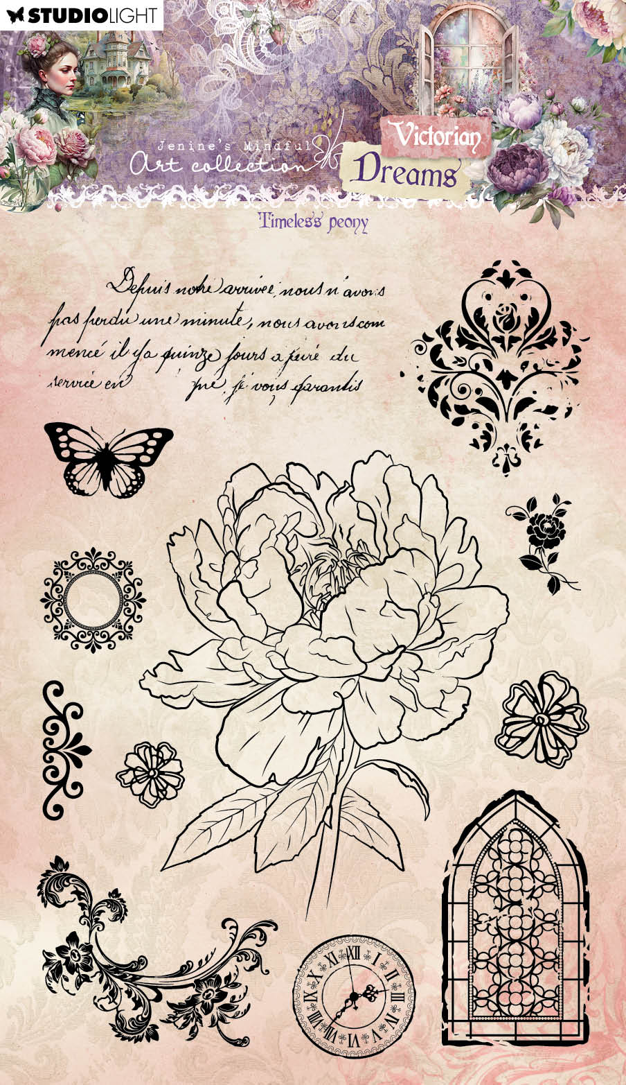JMA Clear Stamp Timeless Peony Victorian Dreams 12 PC