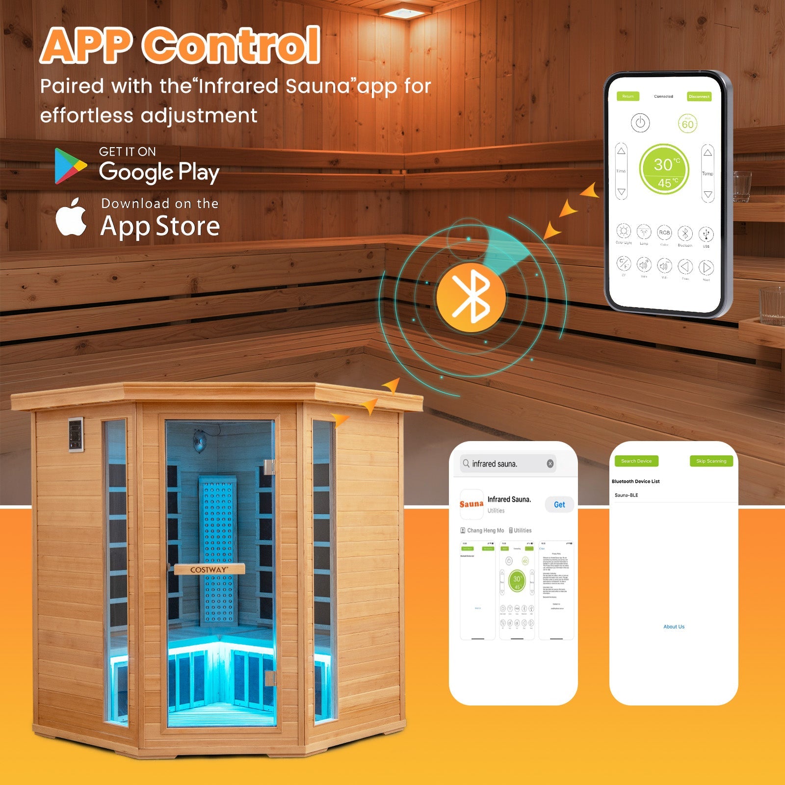 Mega Sale-NEW 2025 COSTWAY 3D Heat Far Infrared Corner Sauna (3–5 Person) – Canadian Hemlock Wood-Red Light Therapy+Near Infrared-Carbon & Mica Heaters,-Chromotherapy Lighting-Low EMF-Bluetooth Speakers