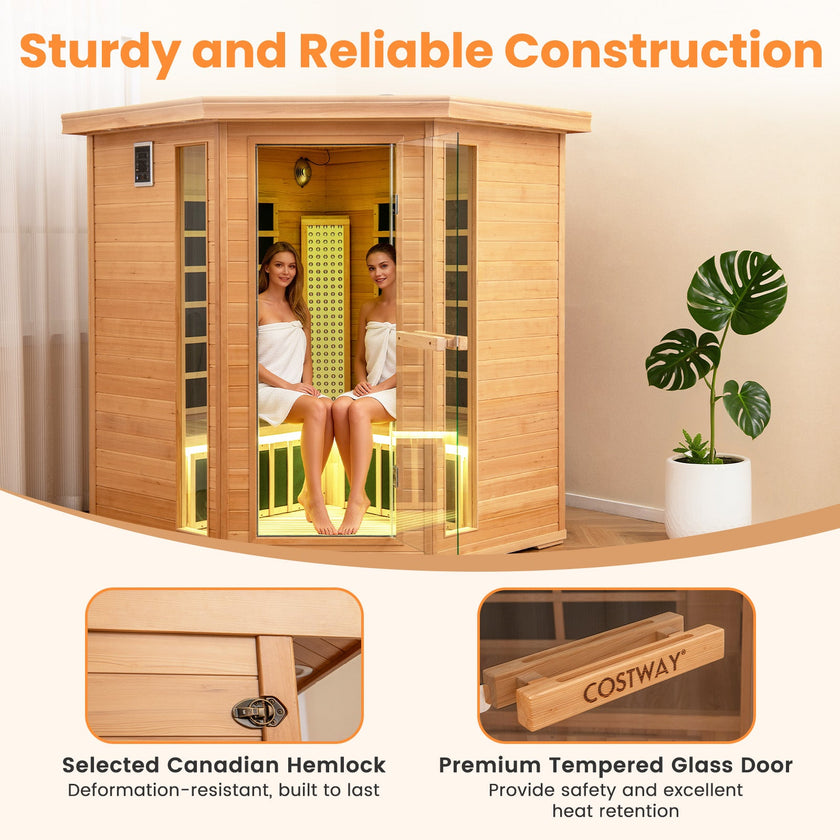 Mega Sale-NEW 2025 COSTWAY 3D Heat Far Infrared Corner Sauna (3–5 Person) – Canadian Hemlock Wood-Red Light Therapy+Near Infrared-Carbon & Mica Heaters,-Chromotherapy Lighting-Low EMF-Bluetooth Speakers