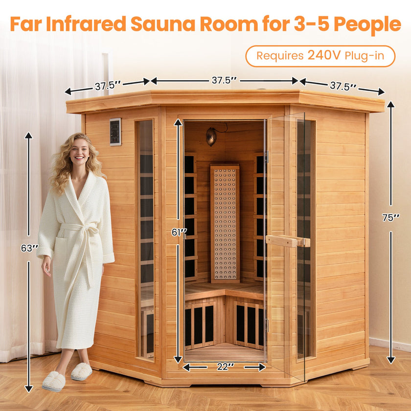 Mega Sale-NEW 2025 COSTWAY 3D Heat Far Infrared Corner Sauna (3–5 Person) – Canadian Hemlock Wood-Red Light Therapy+Near Infrared-Carbon & Mica Heaters,-Chromotherapy Lighting-Low EMF-Bluetooth Speakers