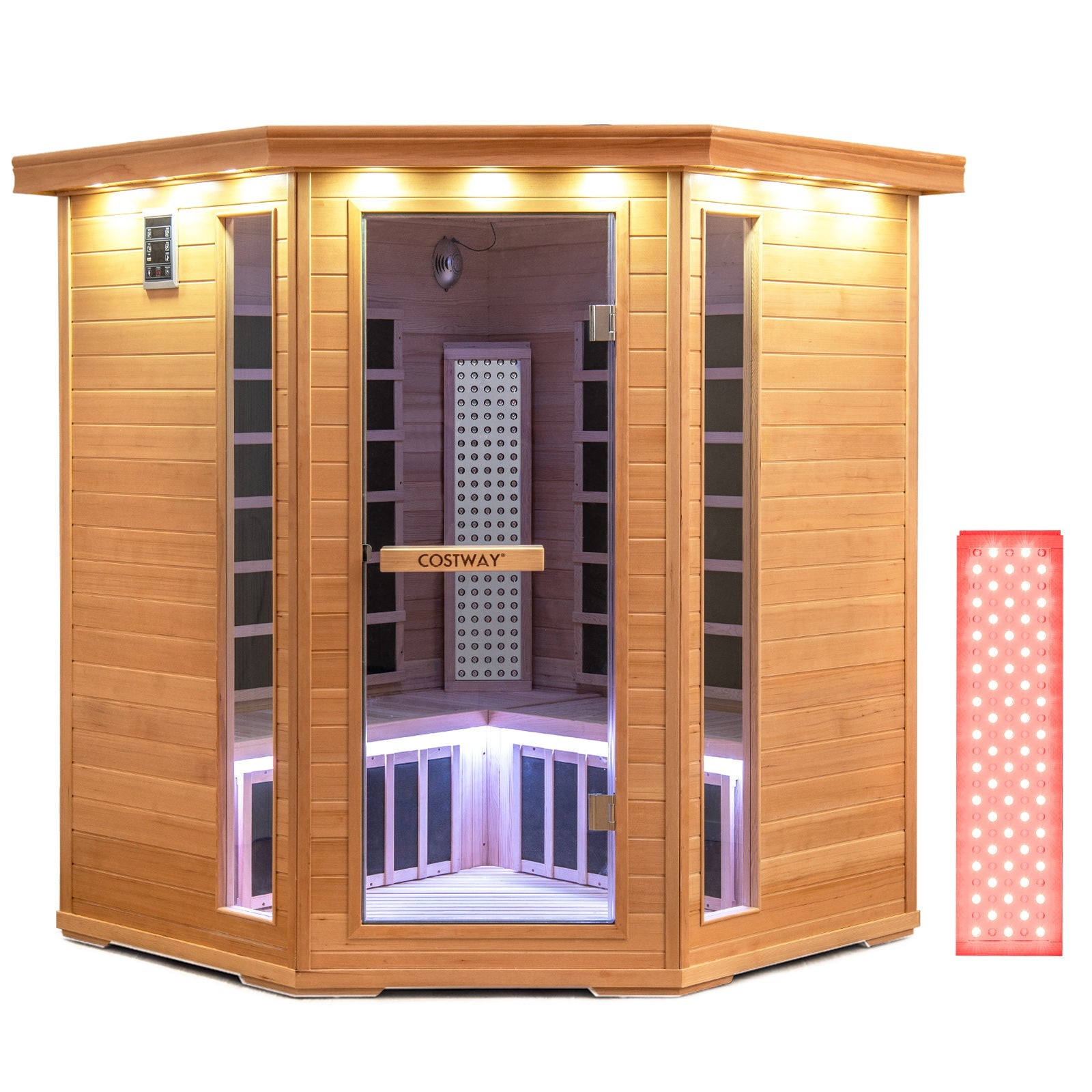 Mega Sale-NEW 2025 COSTWAY 3D Heat Far Infrared Corner Sauna (3–5 Person) – Canadian Hemlock Wood-Red Light Therapy+Near Infrared-Carbon & Mica Heaters,-Chromotherapy Lighting-Low EMF-Bluetooth Speakers