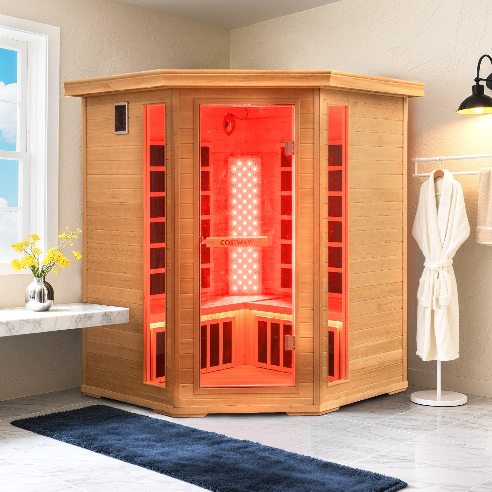 Mega Sale-NEW 2025 COSTWAY 3D Heat Far Infrared Corner Sauna (3–5 Person) – Canadian Hemlock Wood-Red Light Therapy+Near Infrared-Carbon & Mica Heaters,-Chromotherapy Lighting-Low EMF-Bluetooth Speakers