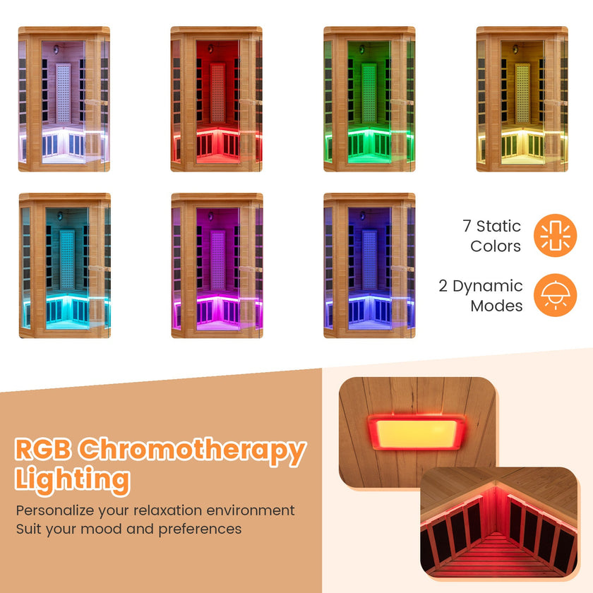 Mega Sale-NEW 2025 COSTWAY 3D Heat Far Infrared Corner Sauna (3–5 Person) – Canadian Hemlock Wood-Red Light Therapy+Near Infrared-Carbon & Mica Heaters,-Chromotherapy Lighting-Low EMF-Bluetooth Speakers
