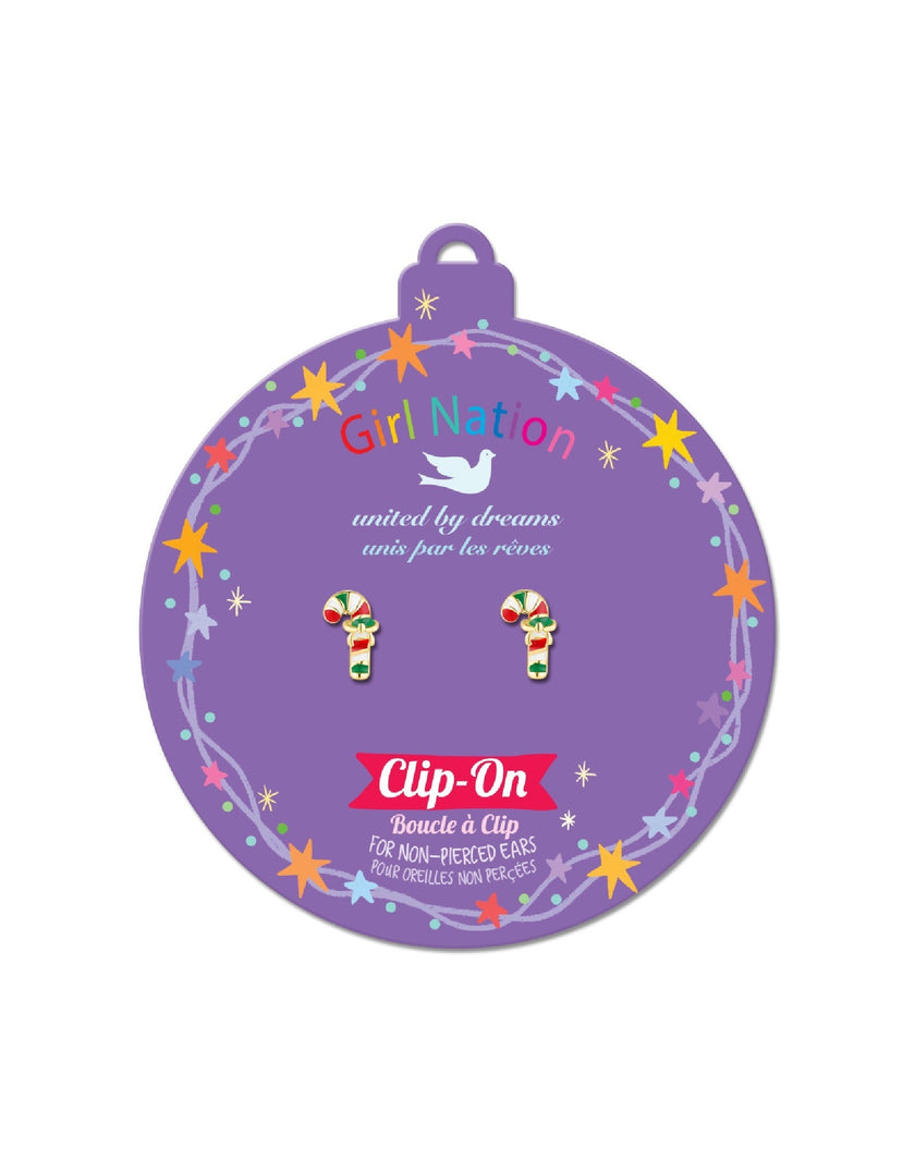 Boucles d'oreilles à clip en émail - Canne de Noël - Girl Nation