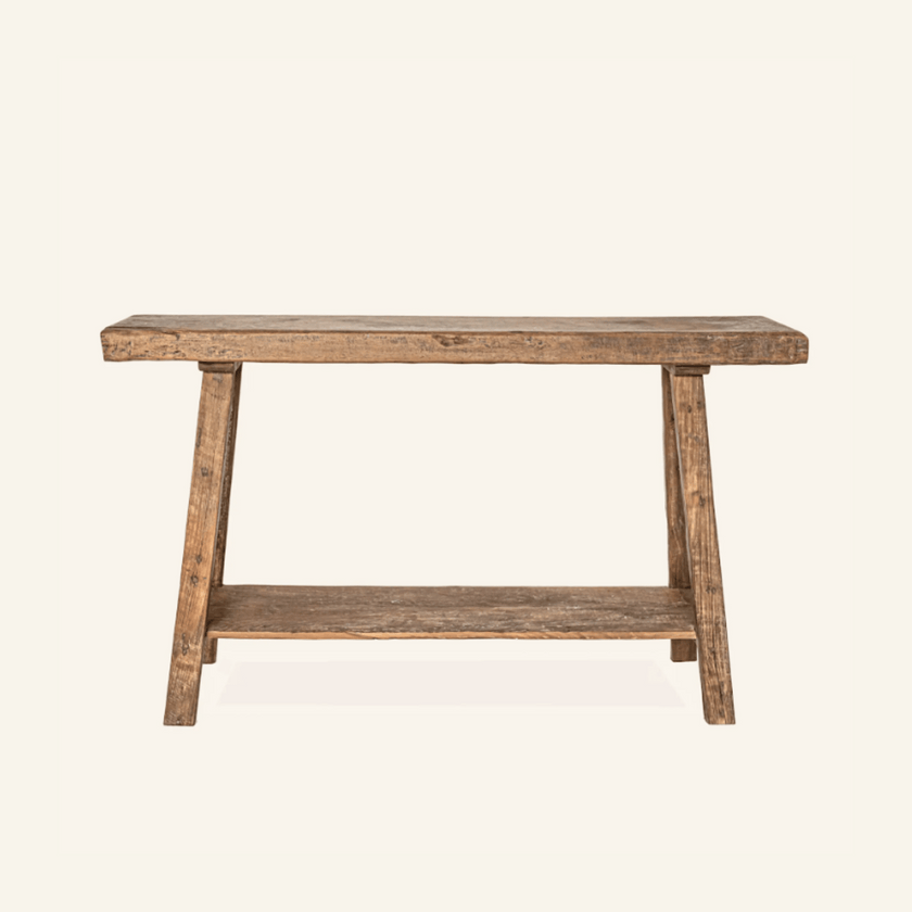 Console artisan en teck recyclé avec tablette