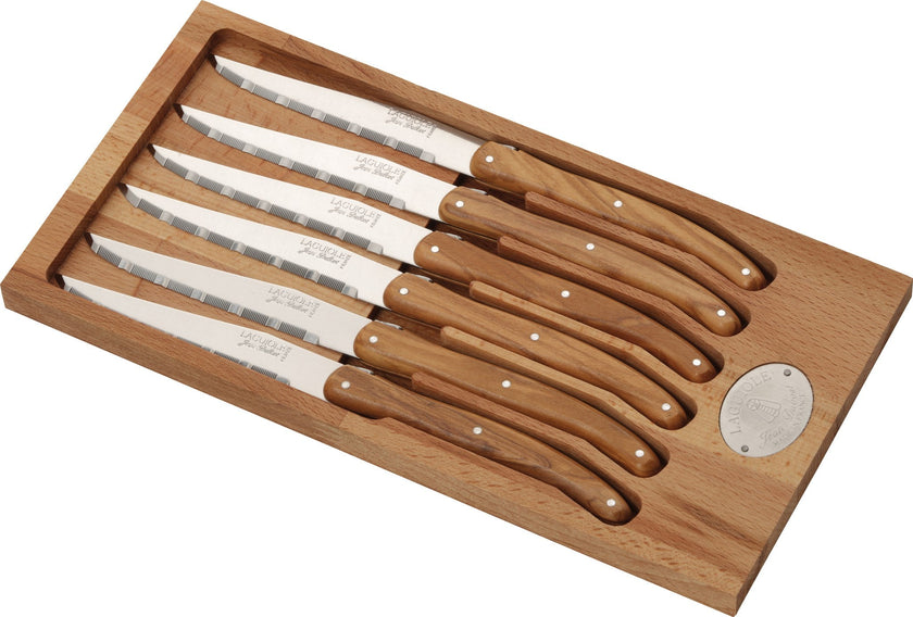 Jean Dubost - Laguiole Serrated Knife Set Olive Wood 6pc