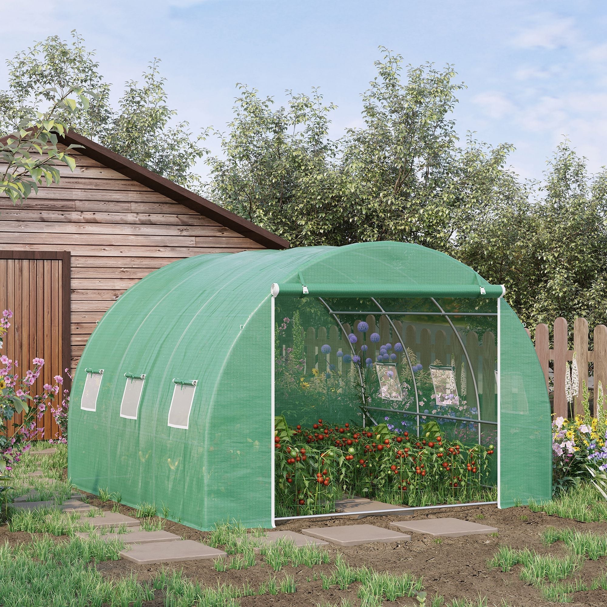 Outsunny 10' x 10' x 6.5' Walk-in Tunnel Greenhouse with High-Quality Transparent PE Cover, Zipper Doors, & Windows