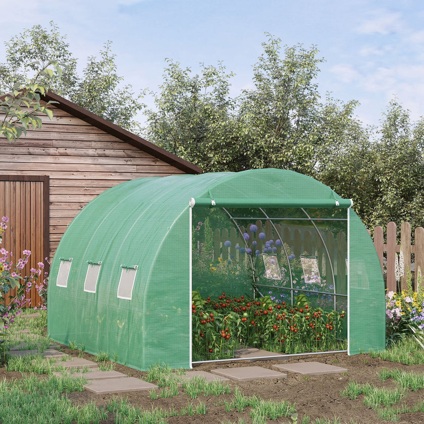 Outsunny 10' x 10' x 6.5' Walk-in Tunnel Greenhouse with High-Quality Transparent PE Cover, Zipper Doors, & Windows