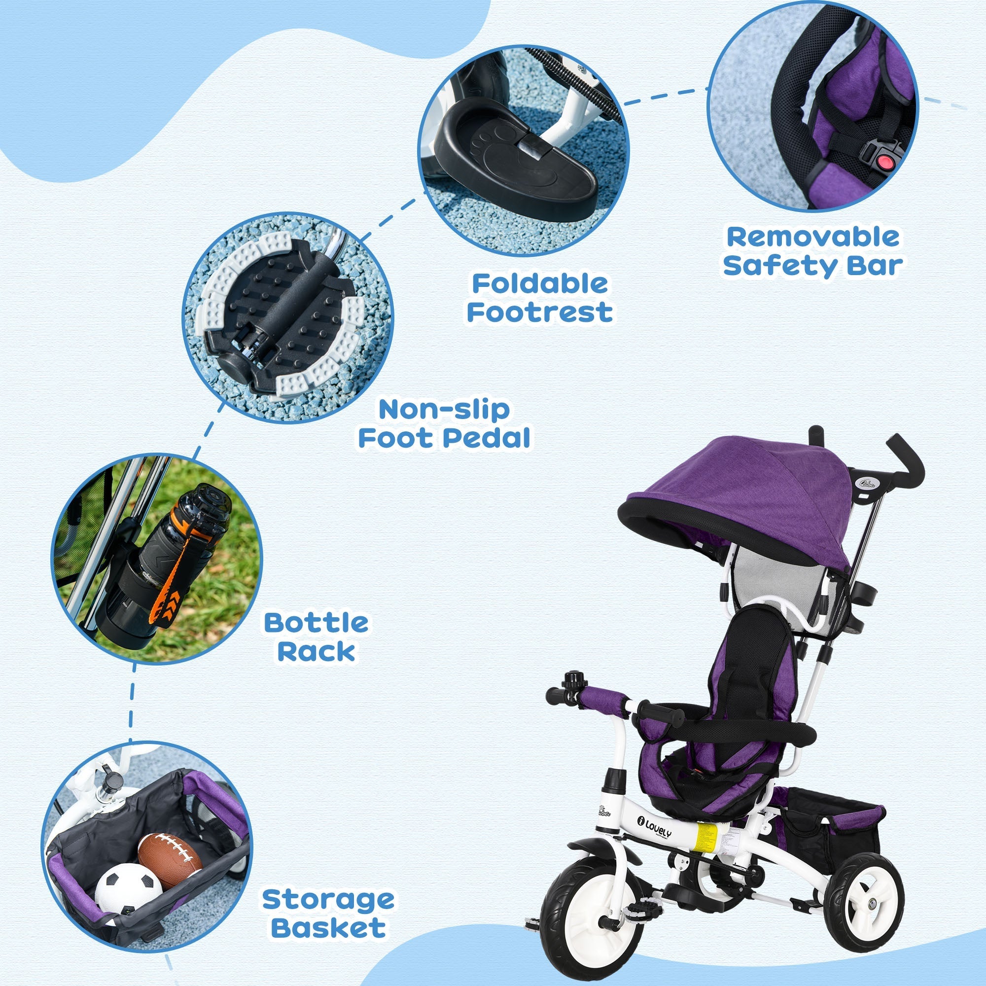 Qaba 4-in-1 Convertible Toddler Tricycle Stroller with Canopy Basket Safety Harness for Kids 12-60 Months Purple