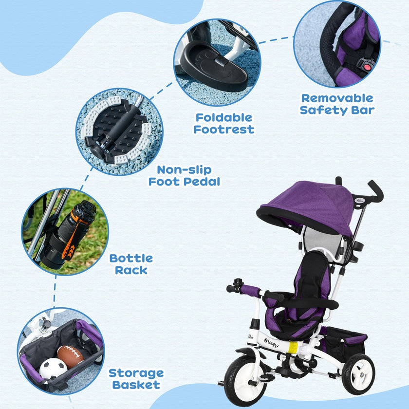 Qaba 4-in-1 Convertible Toddler Tricycle Stroller with Canopy Basket Safety Harness for Kids 12-60 Months Purple