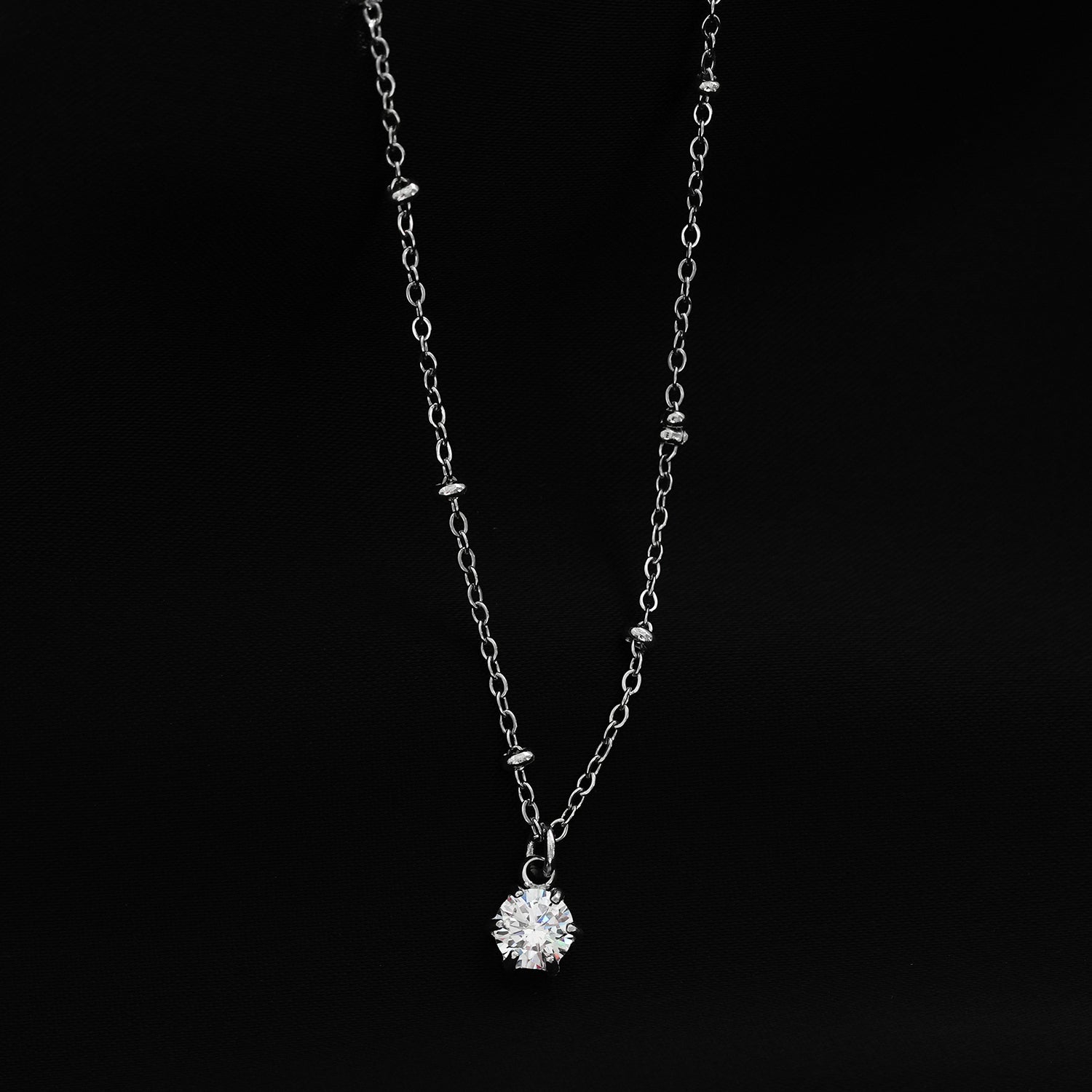 KADIRI Silver:  Solitaire Zirconia Charm Pendant on a Beaded Chain Necklace