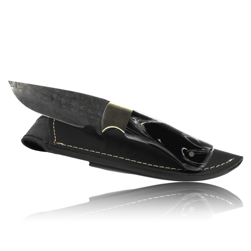 Couteau de boucher Kaito en acier damassé, lame de 4 pouces avec étui en cuir original.