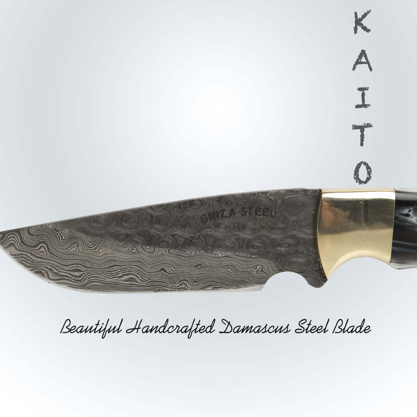 Couteau de boucher Kaito en acier damassé, lame de 4 pouces avec étui en cuir original.