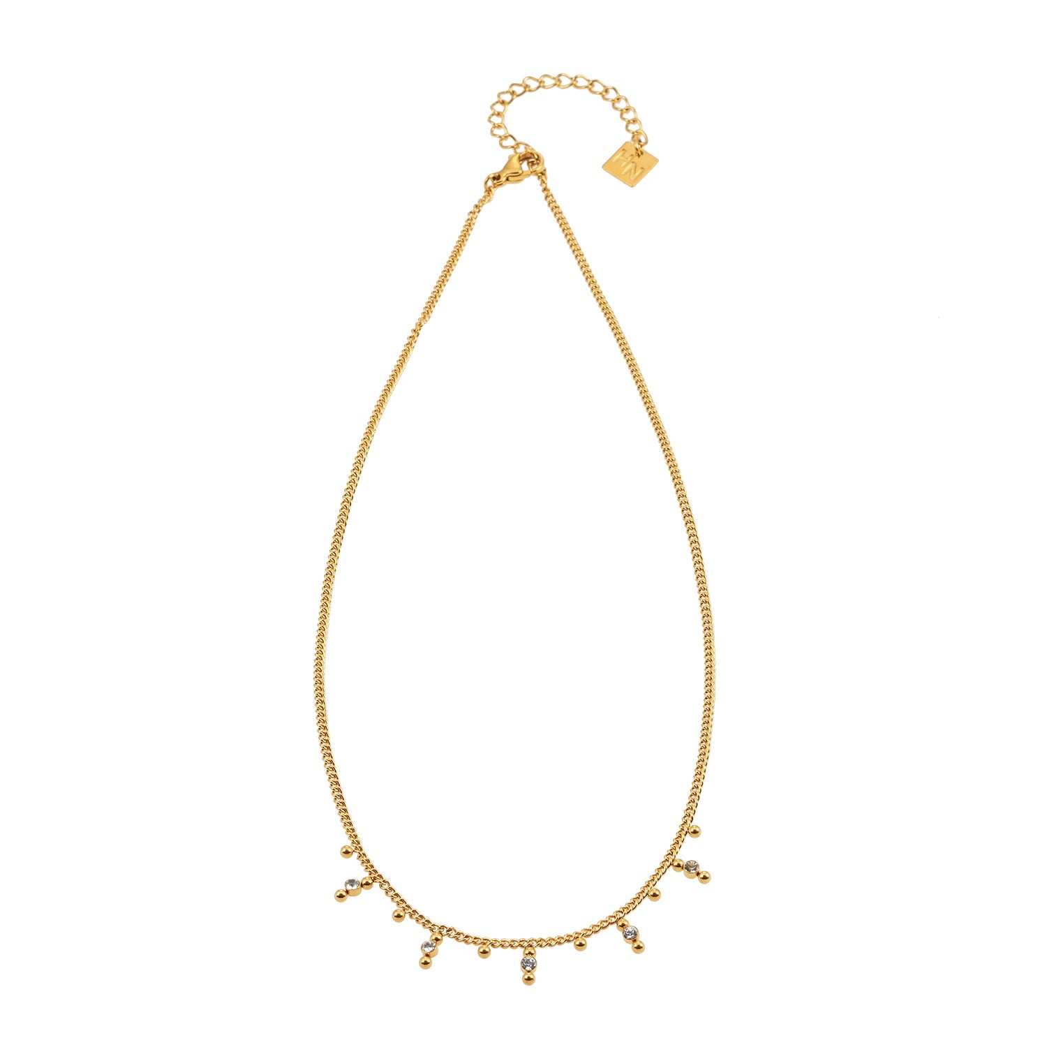 Style KALPI : Collier en chaîne à perles et zircons dorés.