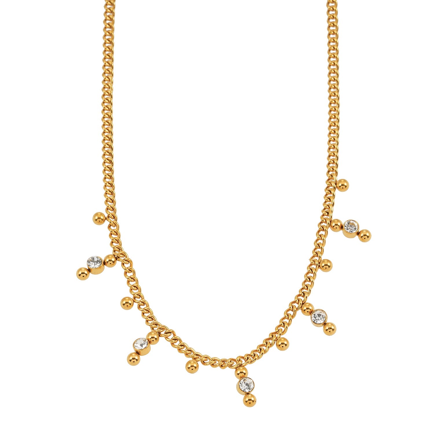 Style KALPI : Collier en chaîne à perles et zircons dorés.