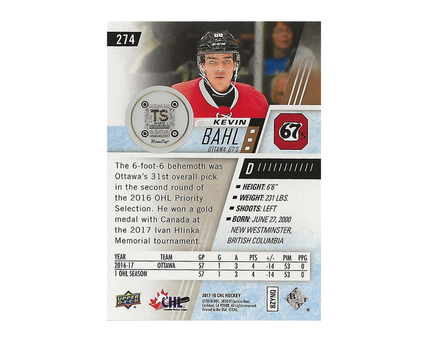 Kevin Bahl Autographed 2017-18 Upper Deck CHL #274 Hockey Card
