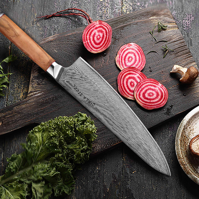Ginza Steel MIA 24 Chef Knife 9” – Damascus AUS10, 67-Layer, Olive Wood Handle