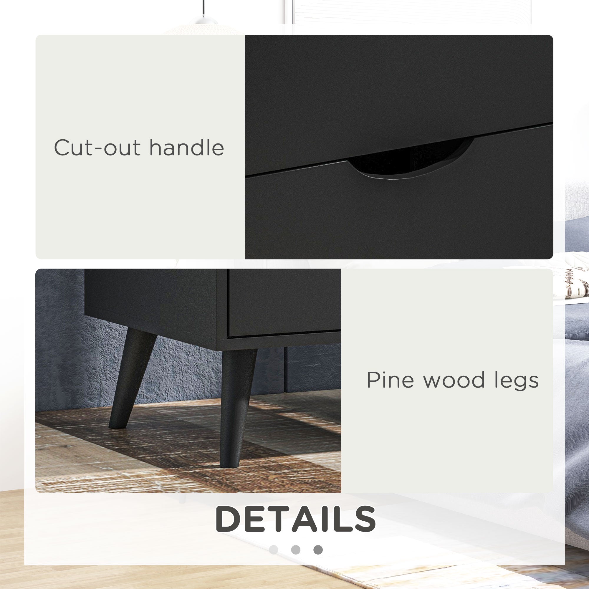 Jesse Nightstand with 2 Drawers and Pine Wood Legs-Black