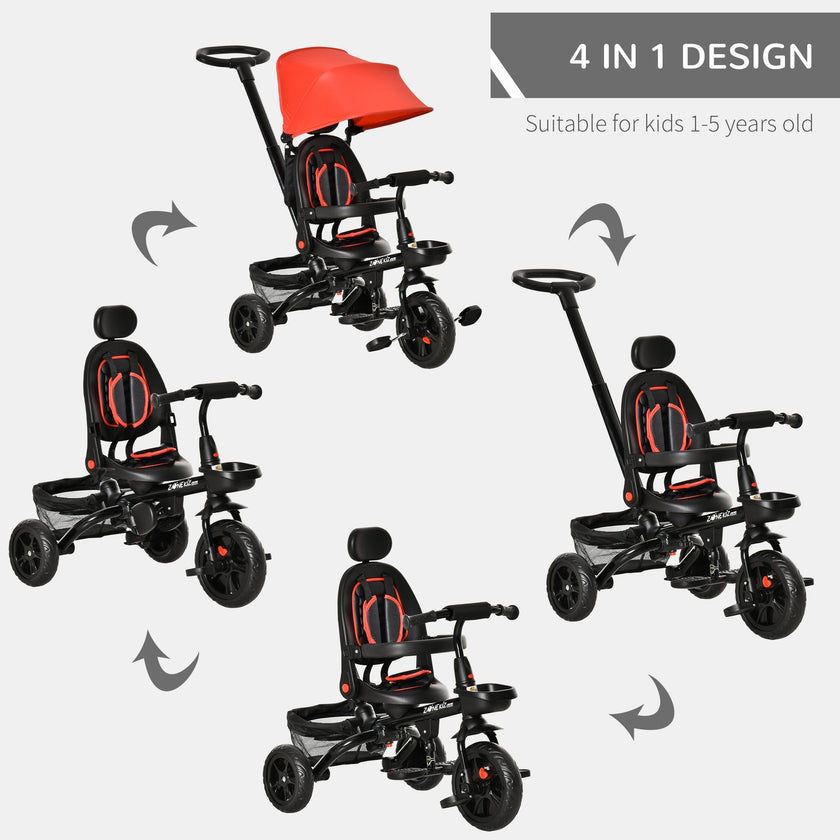 Qaba 4-in-1 Baby Tricycle Stroller, Reversible Seat, Adjustable, Canopy, Safety Belt, Red - Versatile Outdoor Ride