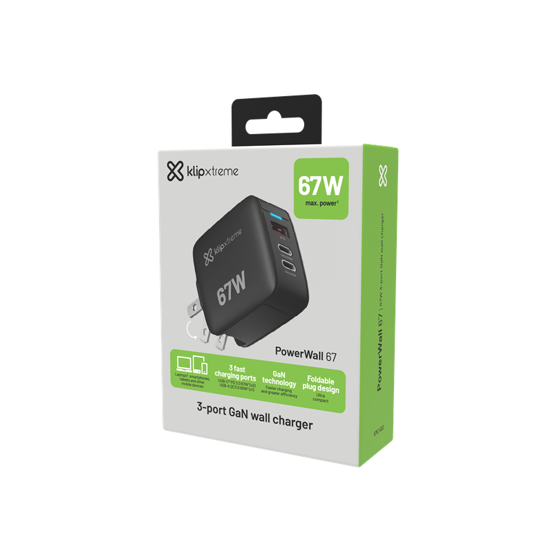 Klipxtreme - Wall Charger 3 Port 67W PowerWall 67 2x USB-C PD 3.0 1x USB-A QC 3.0 - Black