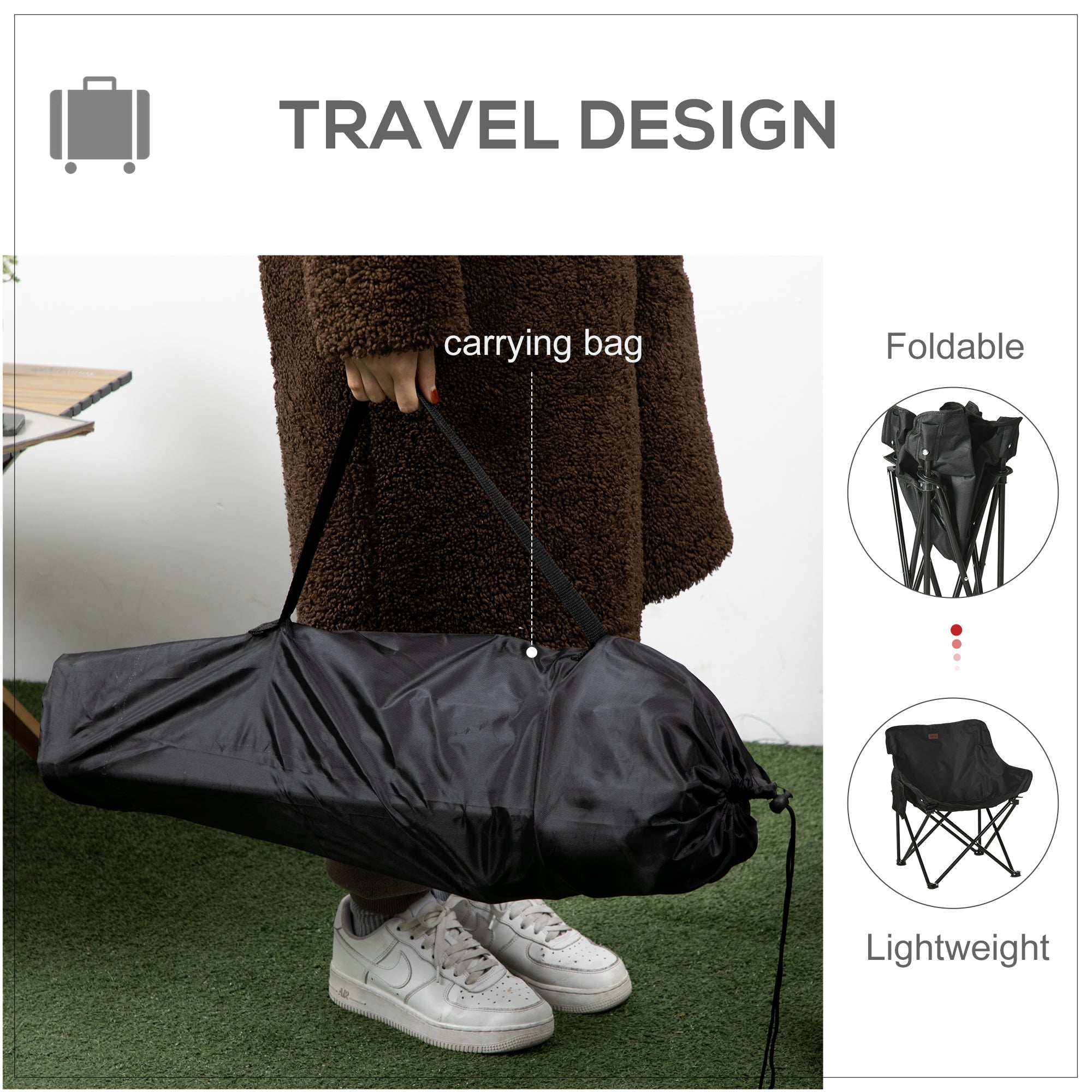 Outsunny Folding Camping Chair Lightweight Portable Chair for Outdoor Hiking Backpacking with Carry Bag Side Pocket Black