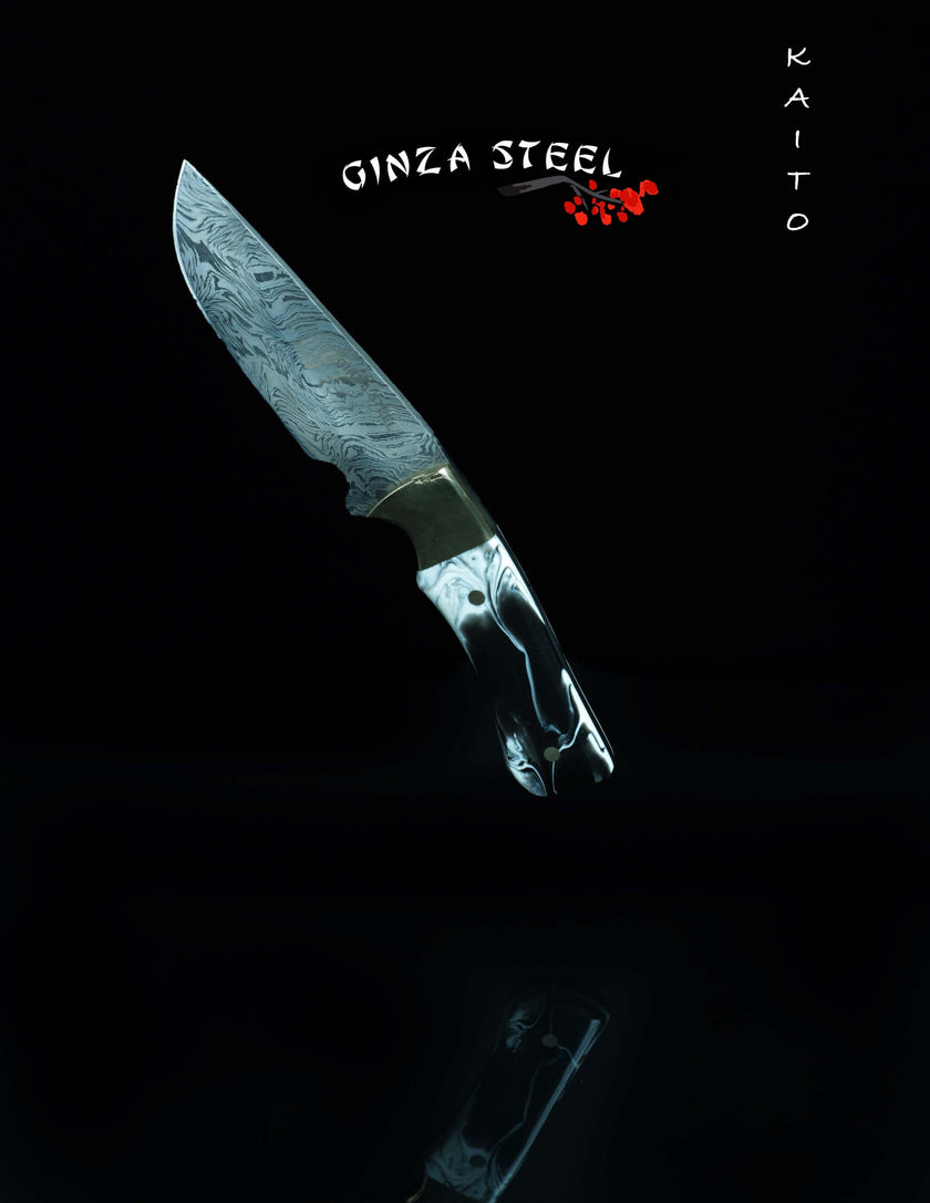 Couteau de boucher Kaito en acier damassé, lame de 4 pouces avec étui en cuir original.